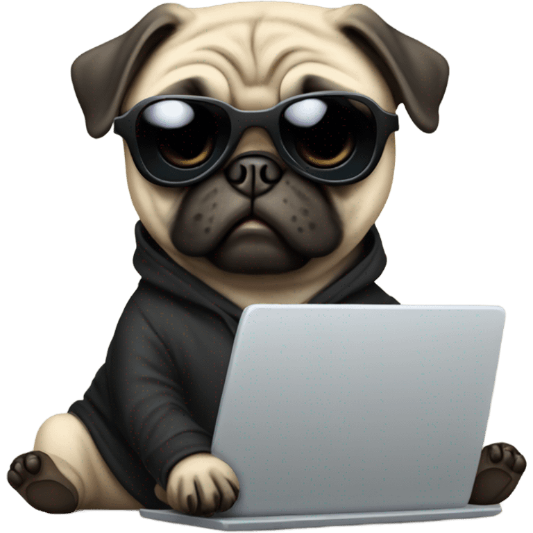 Pug wearing a black hoodie and using a laptop and wearing sunglasses emoji