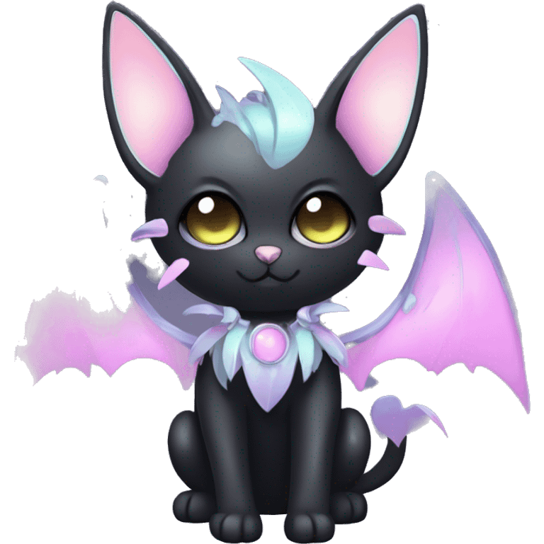 Shiny Cool Punk pastel Black beautiful ethereal fantasy Kawaii Sona Fakemon-cat-animal with edgy bat-wings-ears Full Body emoji