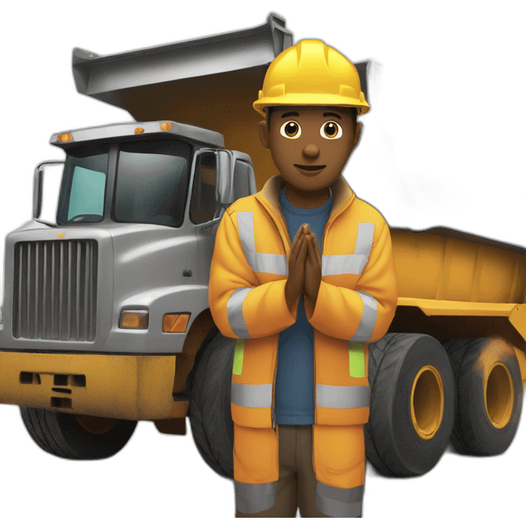 construction worker with hands in prayer standing directly in front of a DUMP TRUCK emoji