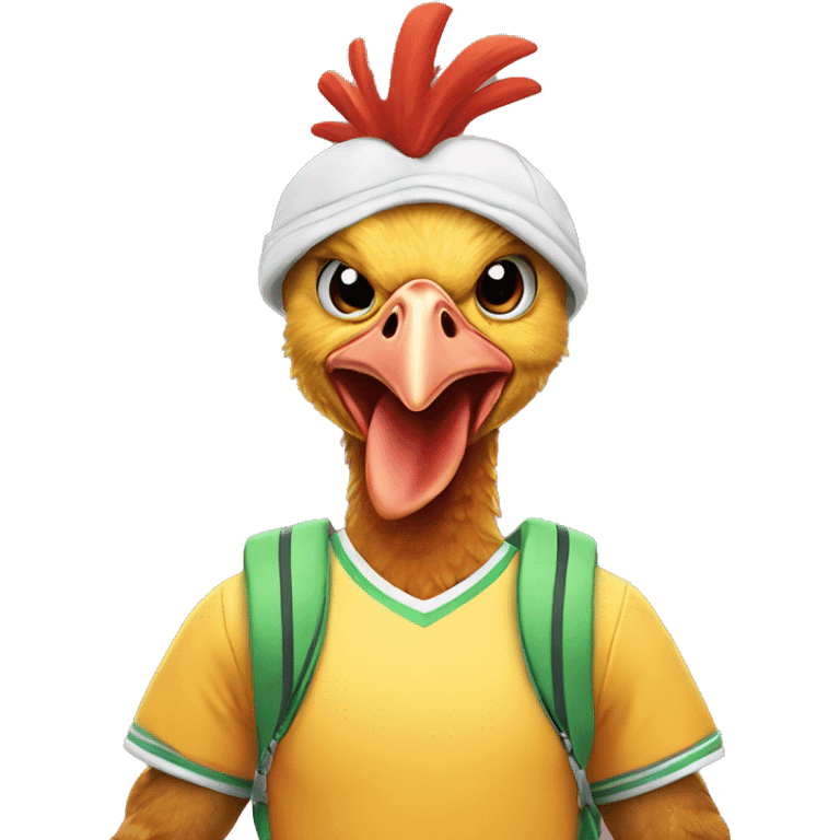 chicken and dinosaur cross dressed in a tennis outfit emoji