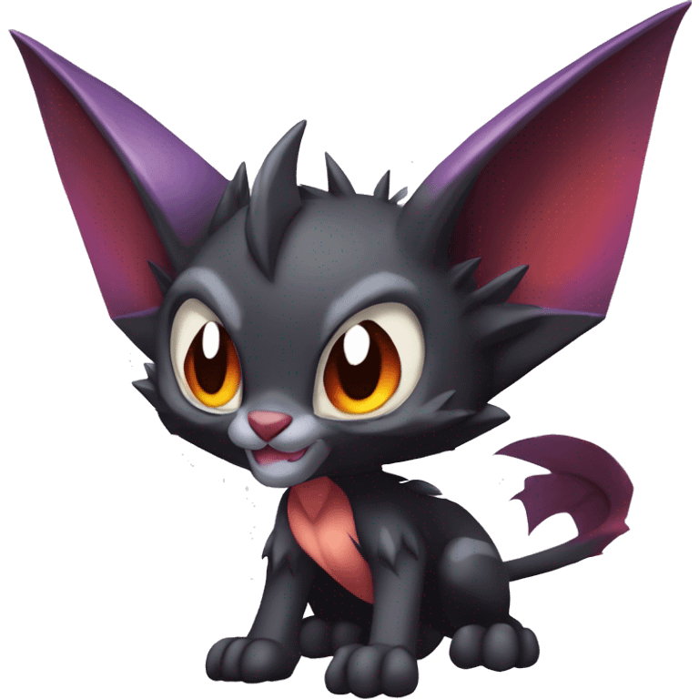 Black cool vampiric Noivern-Litten-Lykoi-Caracal-Fakemon with big bat ears full-body emoji