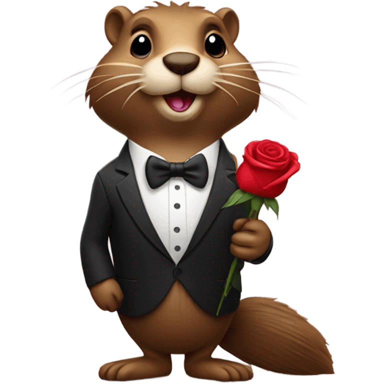 A beaver dressed in a tuxedo is holding a rose in its paws. emoji