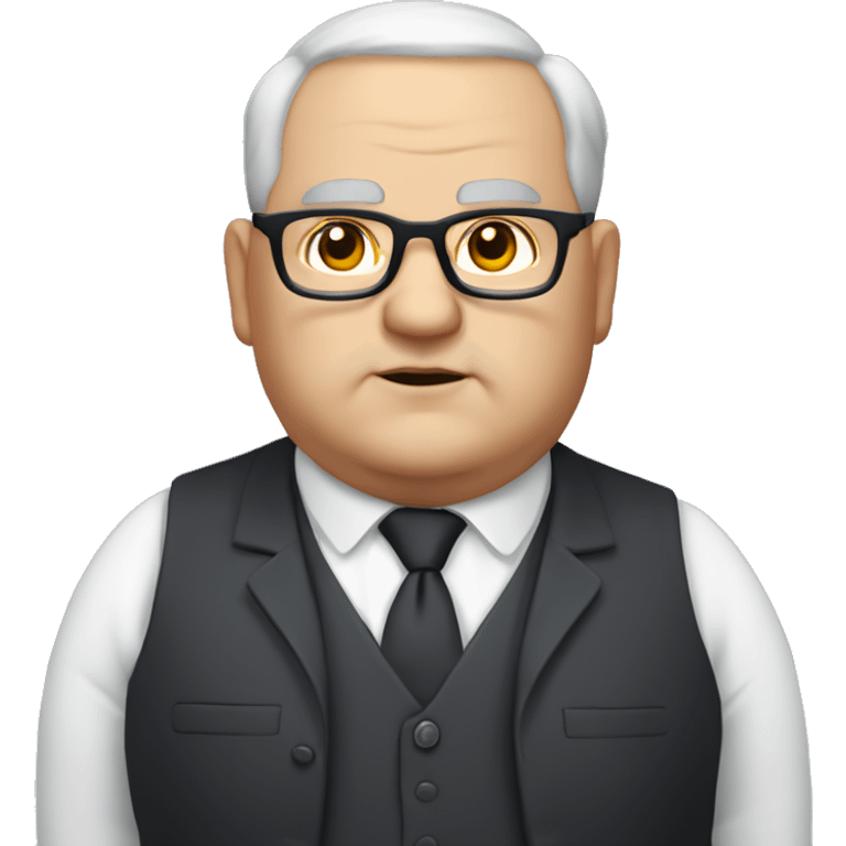 Chubby man of about 60 years of age with a bald shin. Small round glasses and dark eyes. Grey hair and a double chin. Chubby pointed nose. Wearing a black suit with waistcoat and tie. emoji