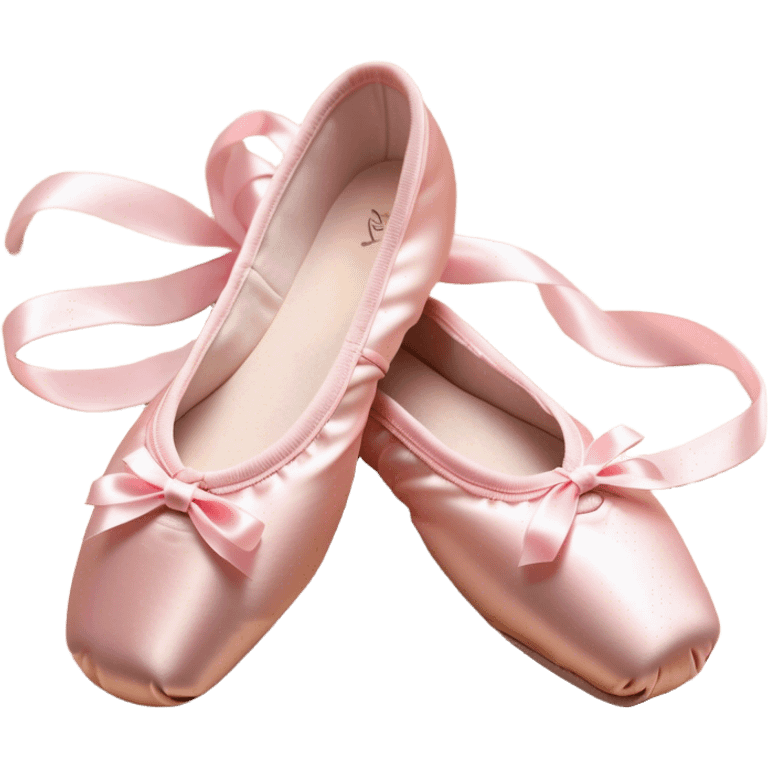 Cinematic Realistic Ballet Shoes, soft satin pink pointe shoes with delicate ribbons, resting gently on a polished wooden floor, subtle creases in the fabric, glowing under the warm golden light of a rehearsal studio, evoking elegance and grace. emoji