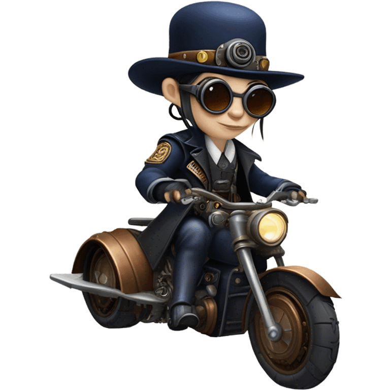 Bounty hunter Wednesday Addams Jedi wearing a pair of navy-blue rimmed steampunk goggles, hat, leather chaps, fringe jacket riding a relaxed sci-fi 3 wheeled steampunk rat rod motorcycle with large fenders and saddlebags in desert town  emoji