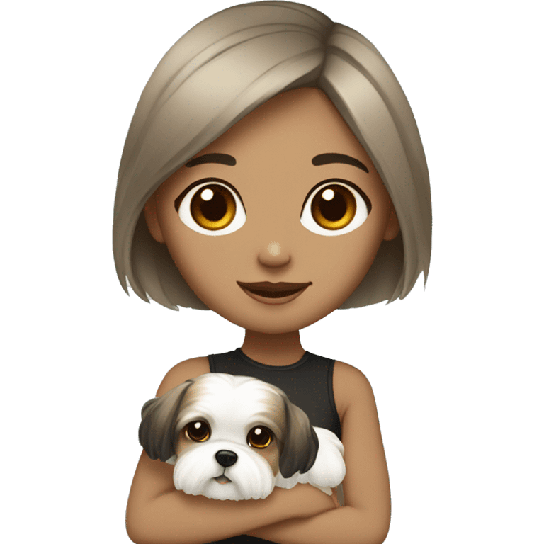 Tan girl with black hair holding white shih tzu with light brown spots emoji