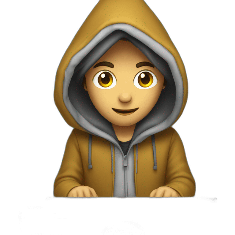 Young man with a hood behind his computer and focus on his code  emoji