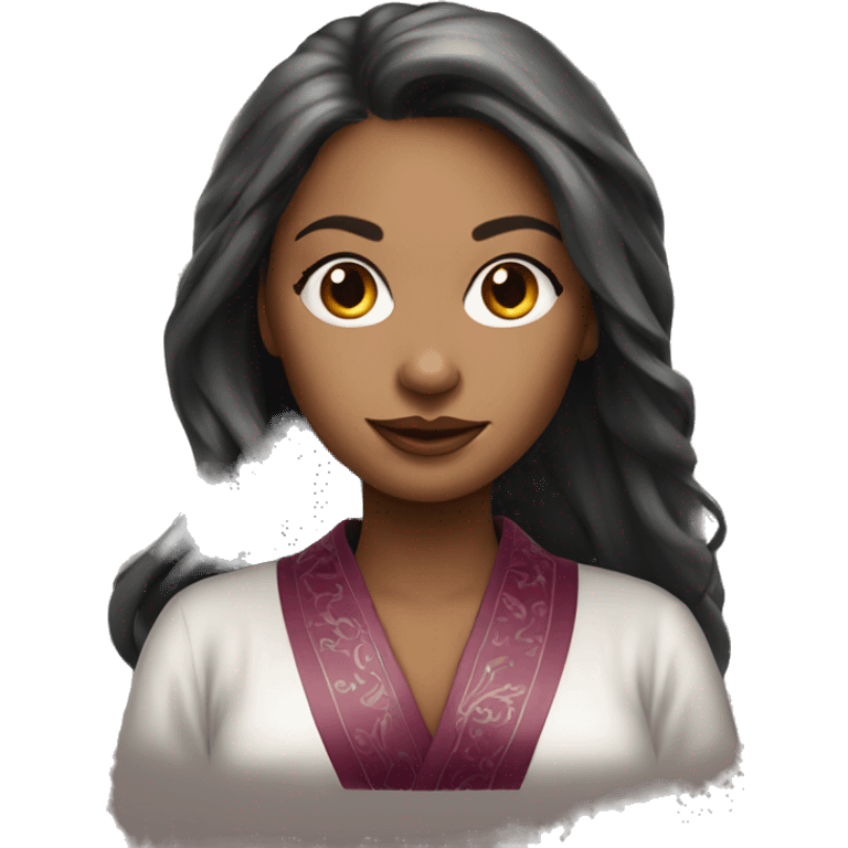 Beautiful tattooed burgundy long haired woman in silk robe emoji