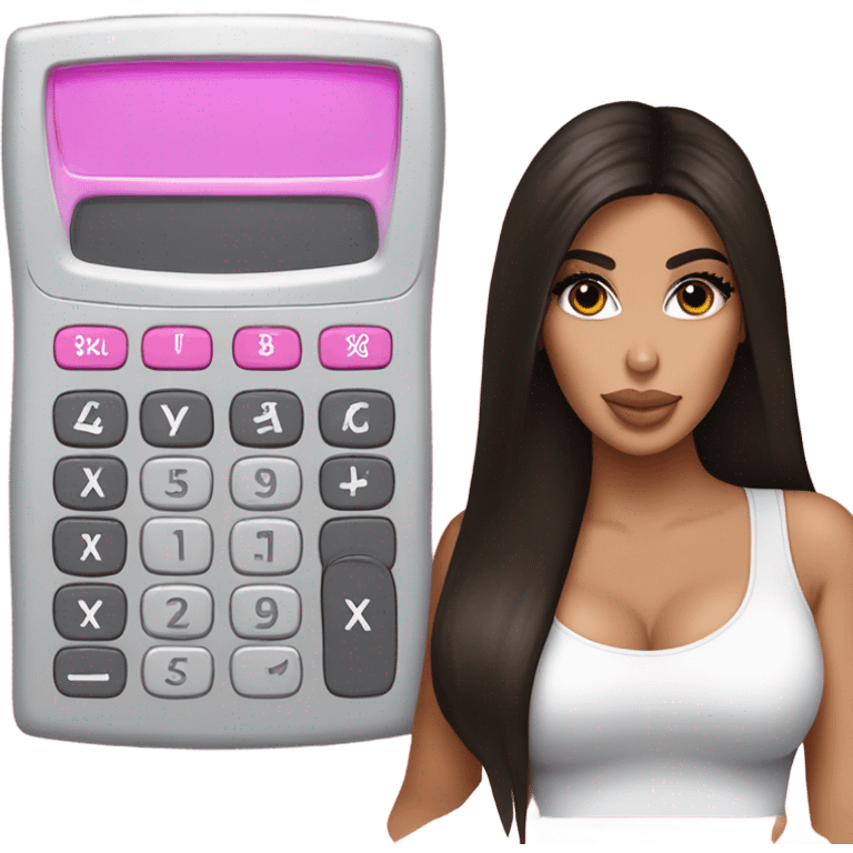 Hyper realistic kim kardashian with straight brown hair holding a small pink calculator emoji