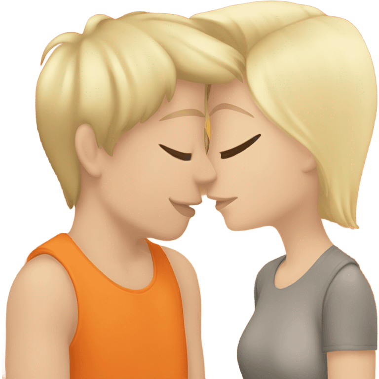 A blonde girl with short hair with a orange tank top kissing a handsome teenage tall blonde boy wearing a Jason Alden shirt  emoji