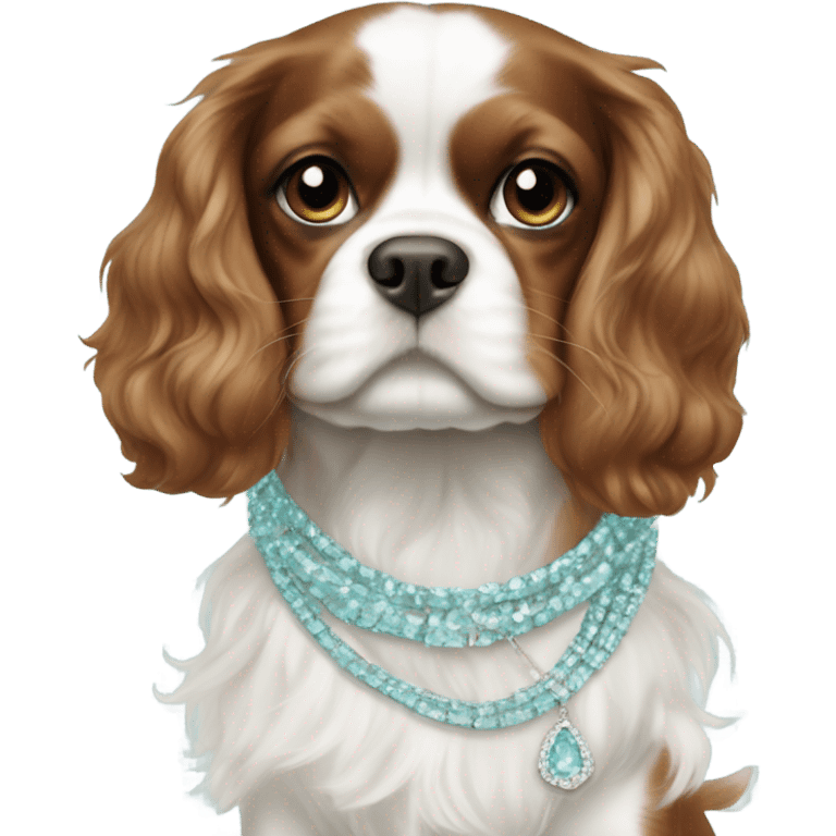 Brown and white cavalier wearing Tiffany blur accessories  emoji