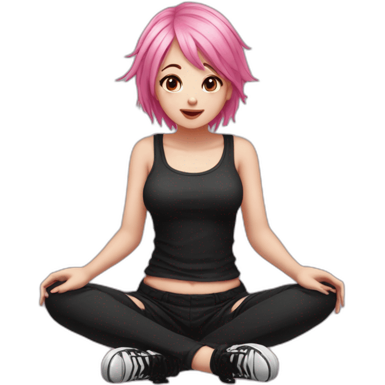 Full body Front view curvy emo girl pink hair sits on the floor straight view hands up black skirt полосатые рваные чулки emoji