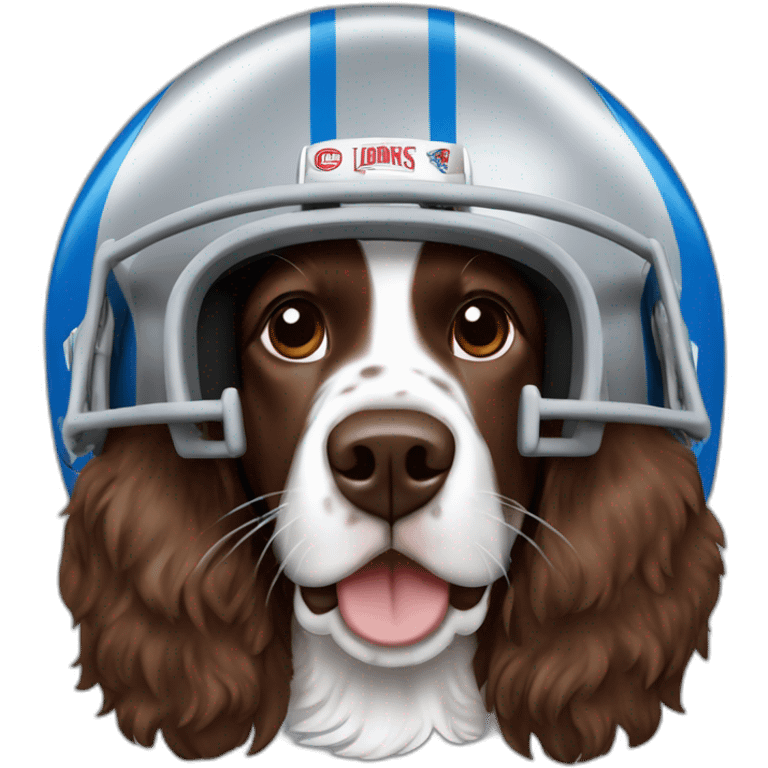 brown springer spaniel wearing detroit lions football helmet and holding football emoji