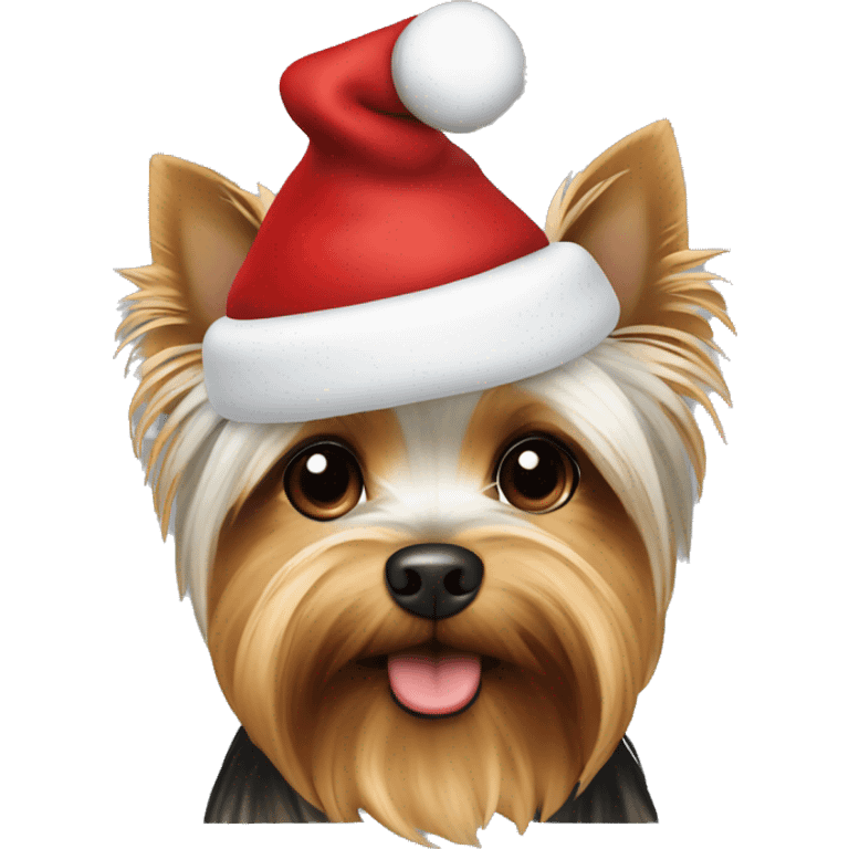 White and brown yorkie with red Christmas hat emoji