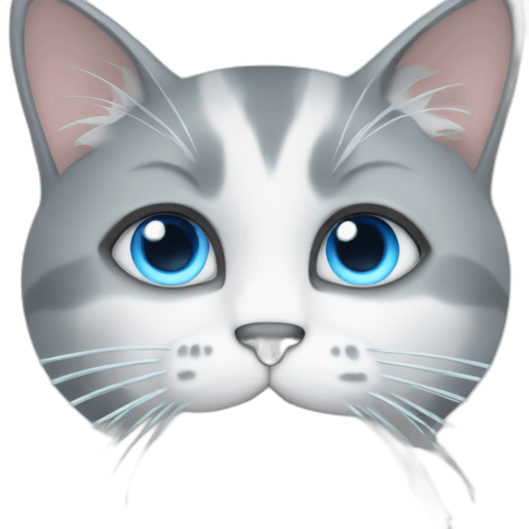 A grey and white  cat has a blue eye emoji