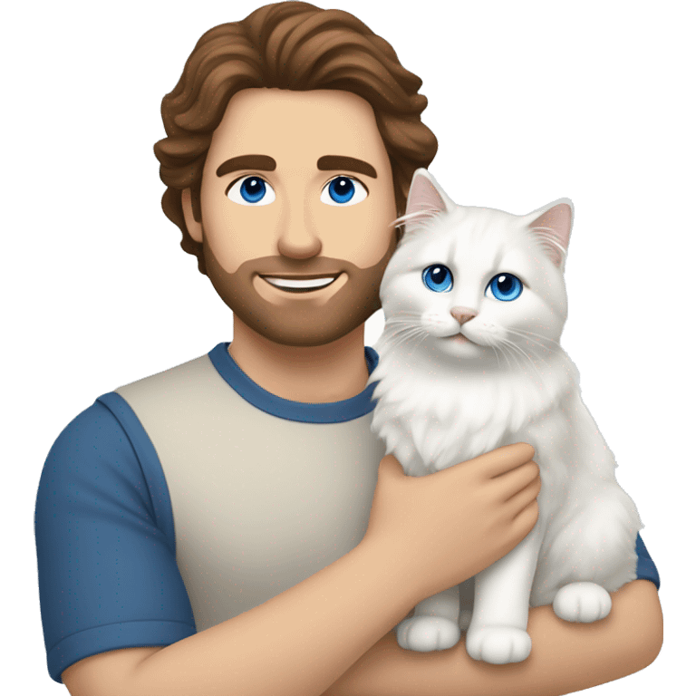 Man with brown hair and holding a all white Siberian cat with blue eyes emoji