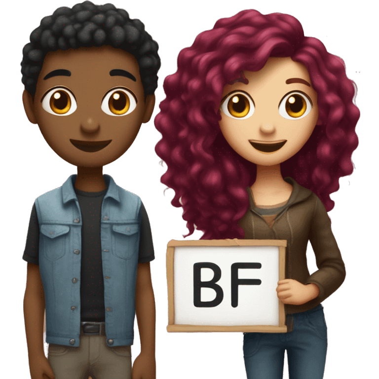 Girl with burgundy hair next to a tall boy with short black hair holding up a sign that says “BFF” emoji