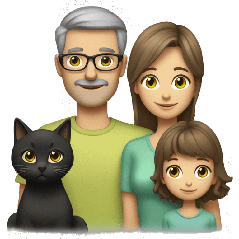 family: mum (has bronde medium-length hair, tan skin, green eyes), dad (has light brown hair, glasses, grey eyes, fair skin), adult daughter (has hazel eyes, very pale skin, brown/black long hair with full bangs) + 2 black cats with yellow eyes emoji