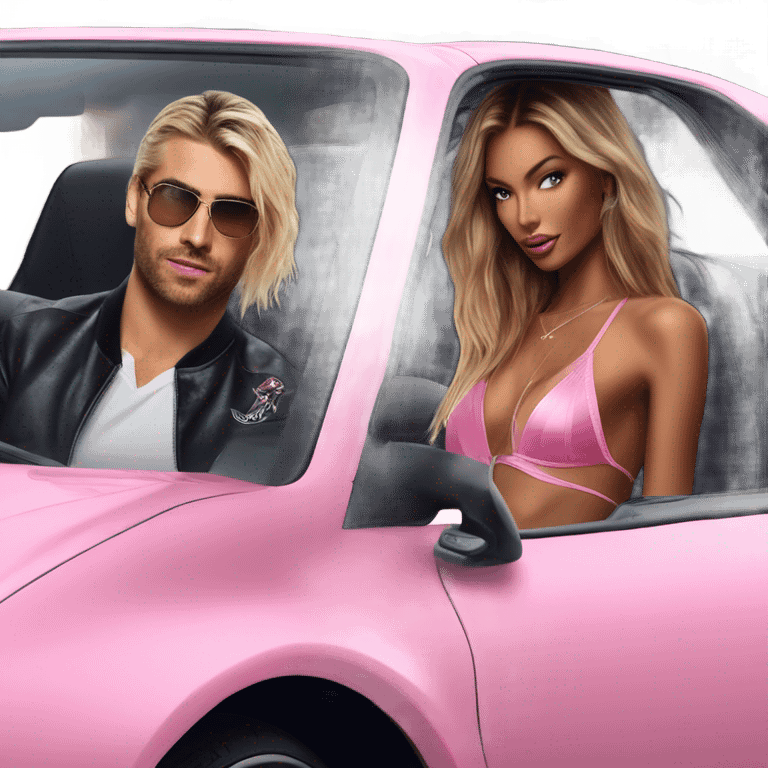 Photo of Victoria secret model driving in a sports car with a tattooed male model  emoji