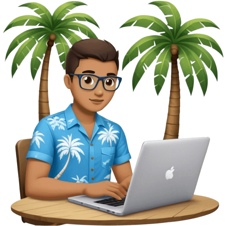 A digital nomad in bali working on a laptop wearing a tropical blue shirt with a palm tree on the side emoji