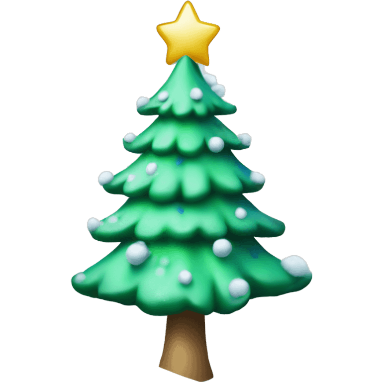 Light colored green Christmas tree with snow on the edges and blue ornaments  emoji