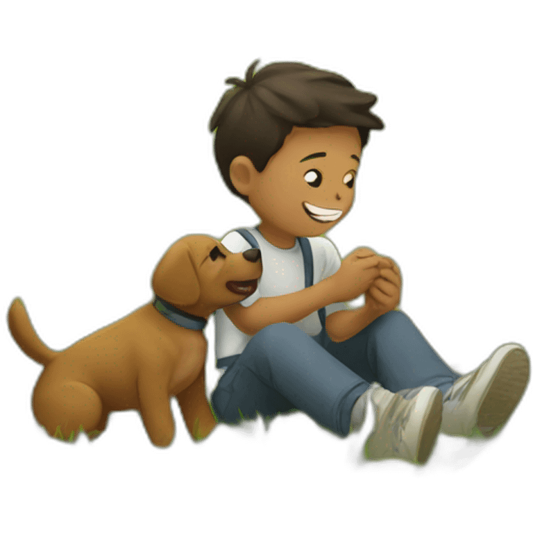 A boy plays with a puppy in the field emoji