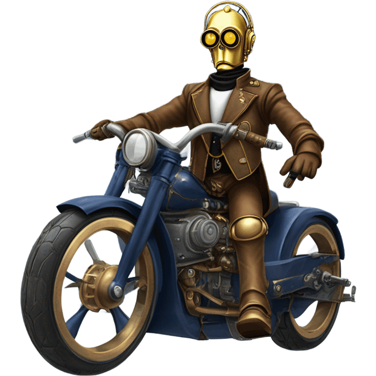 C-3PO wearing a pair of navy-blue rimmed steampunk goggles, hat, leather chaps, fringe jacket riding a fast 3 wheeler trike steampunk motorcycle on ice  emoji