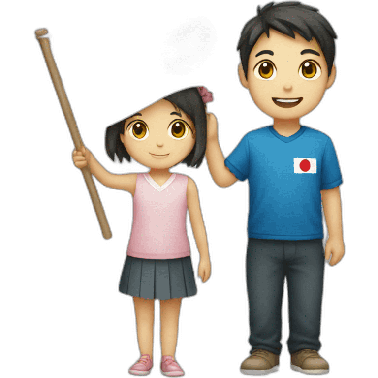 boy and girl holding Japanese flag emoji