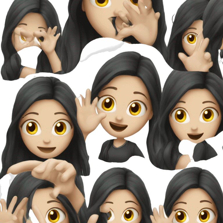 Pale girl with long black hair waving hi emoji