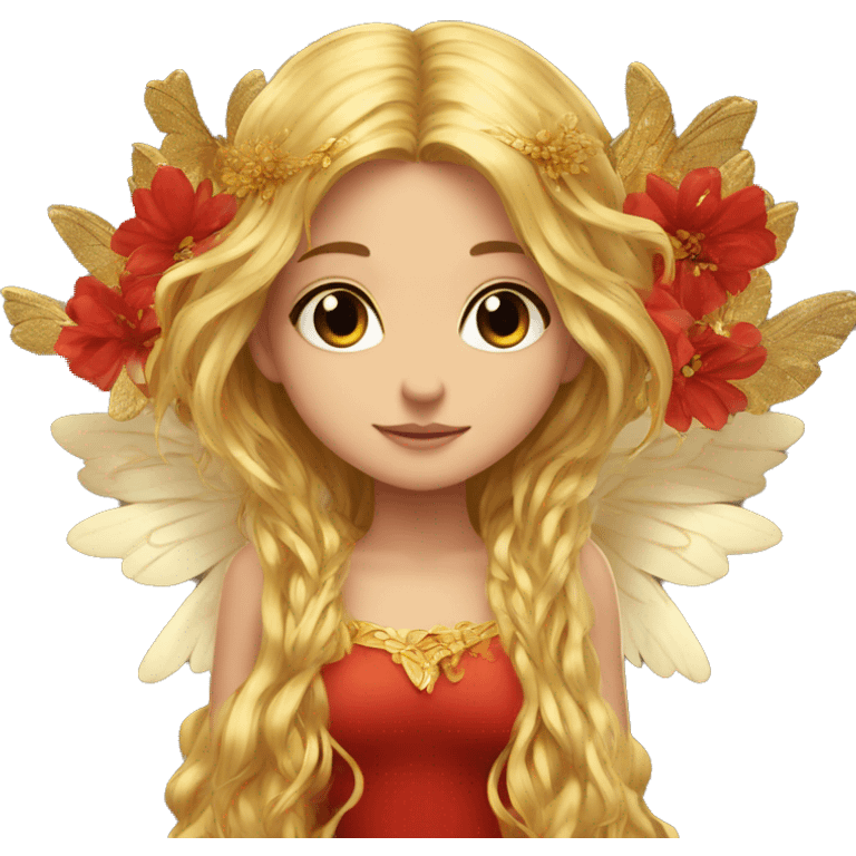 big wings, flower, Beautiful, fairy, gold,red, long hair emoji