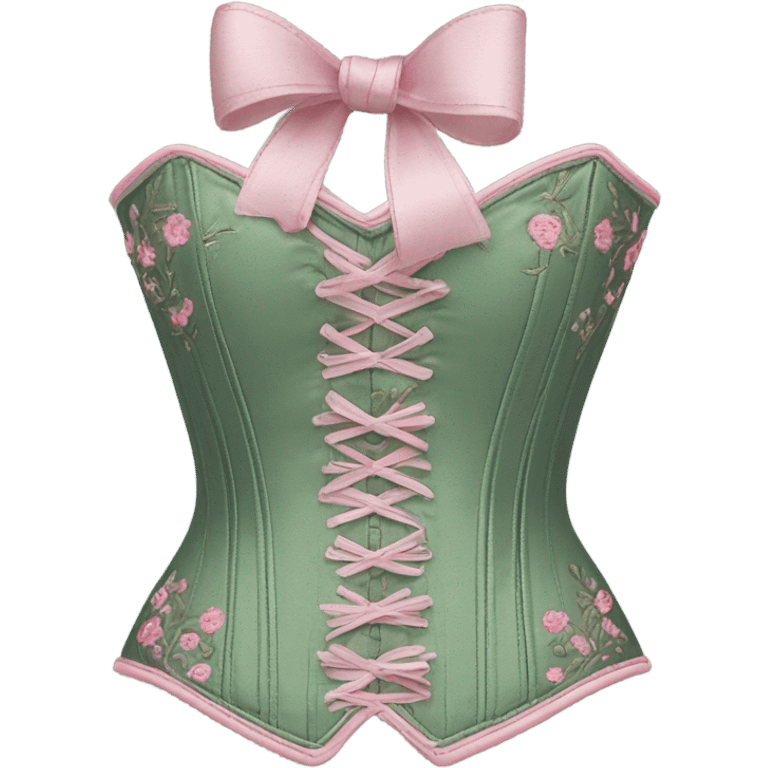 Sage green corset with flower embroidery and pink bows, isolated emoji