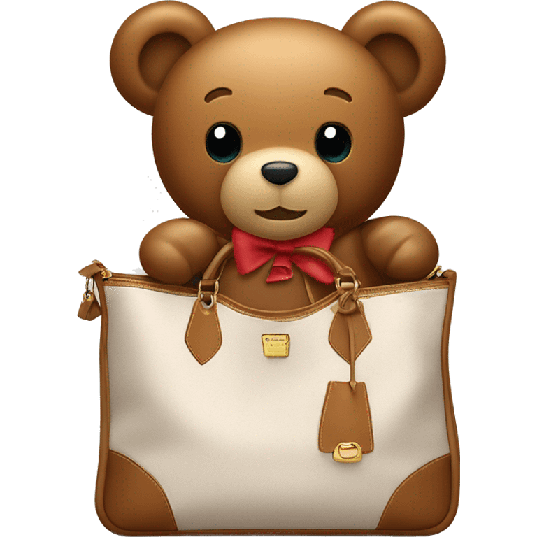 teddy bear wearing a louis vitton bag with a bow on it thats too big for him emoji