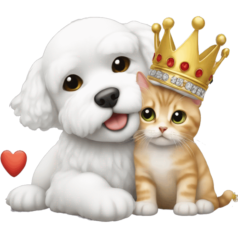 Bichon wearing a crown and kissing a cat emoji