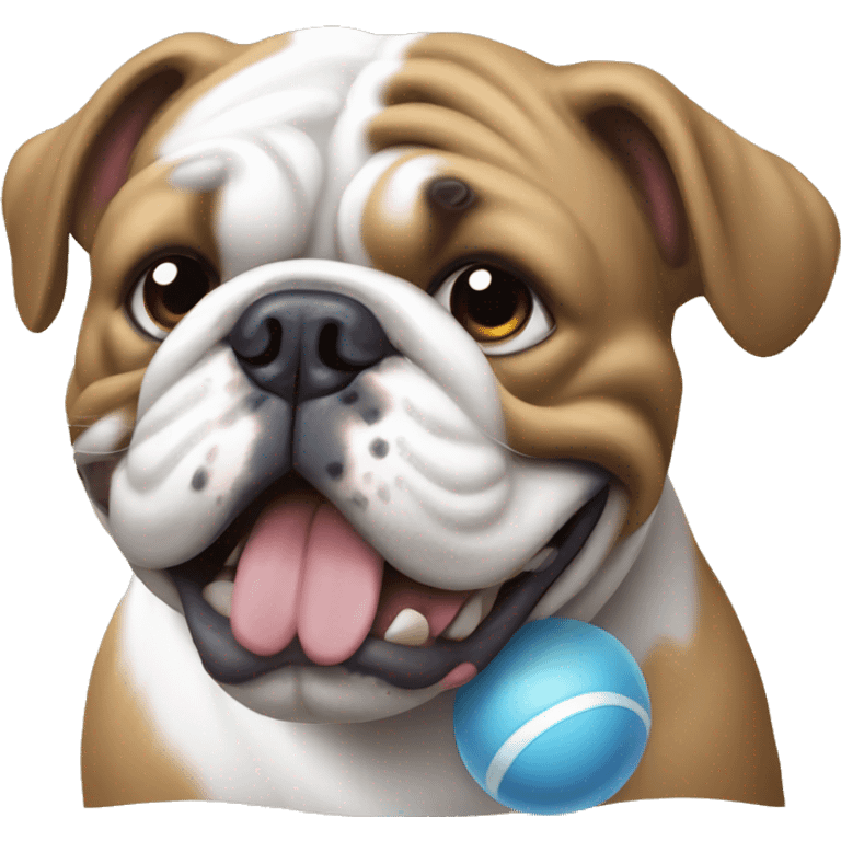 English bulldog playing with blue ball emoji