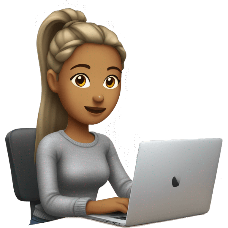 Woman with ponytail and gray sweater sitting at table with Apple laptop emoji