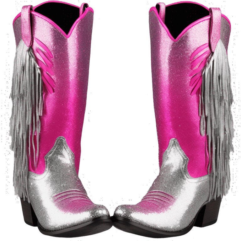 Realistic hot pink to silver ombre pair of fashion cowgirl boots with sparkly shiny glitter fringe on them. emoji