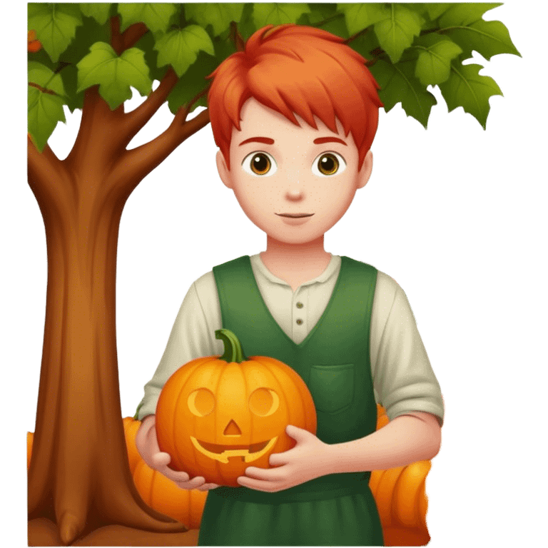 Red haired boy with pumpkin under tree emoji