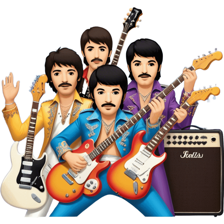 Rock music icon: dynamic collage of global rock legends like The Beatles, Jimi Hendrix, Elvis Presley, Freddy Mercury and Curt Cobane, surrounded by guitars, amplifiers, and stage lights. Symbolizing the energy and power of rock music. Transparent background. emoji