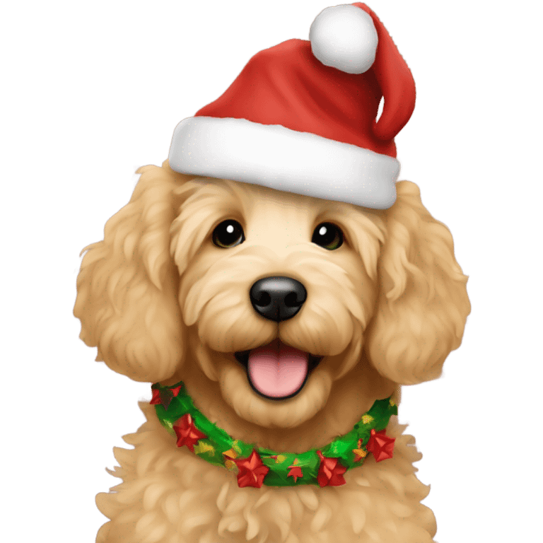 golden doodle puppy under christmas tree  emoji