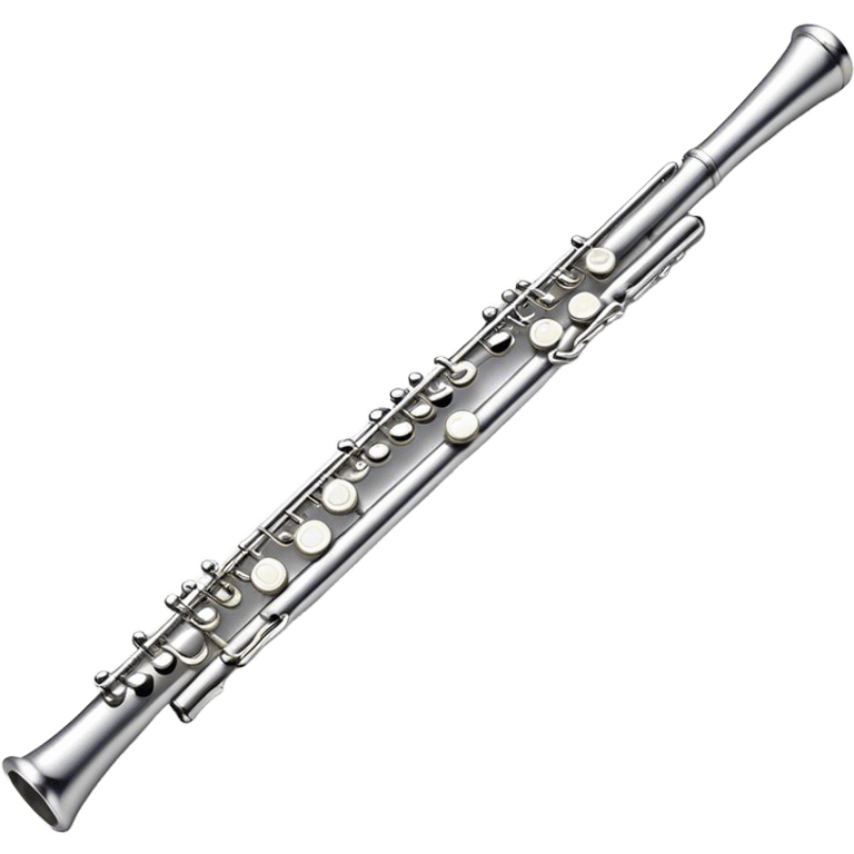 Cinematic Realistic Flute, polished silver metal with precise keywork, soft reflections of warm light dancing along its length, a musician’s delicate fingers pressing the keys, glowing with a sleek and elegant charm. emoji