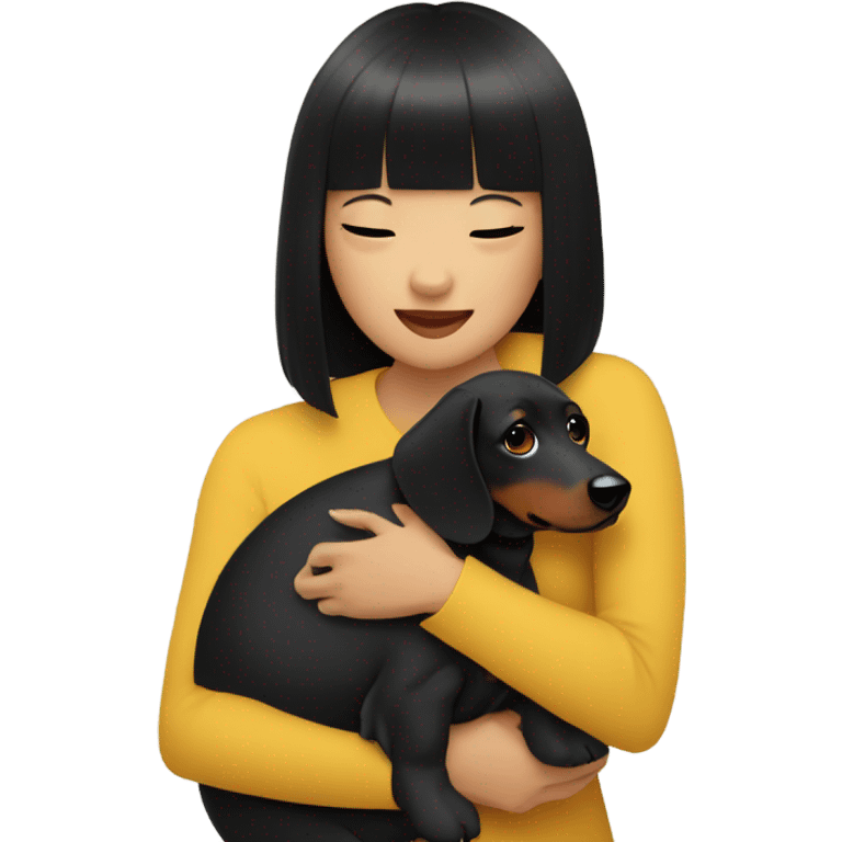 Asian woman with black neat bangs hugging black dachshund emoji