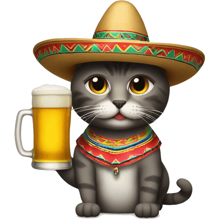 Mexican cat with sombrero drinking beer emoji