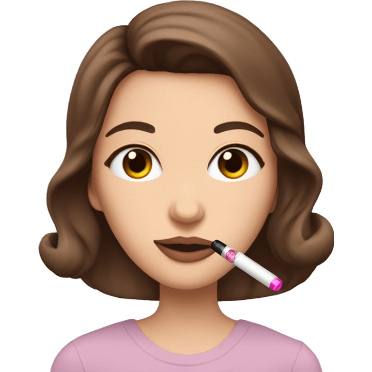 Caucasian brunette with brown eyes smoking a pink vape pen with hearts on it emoji