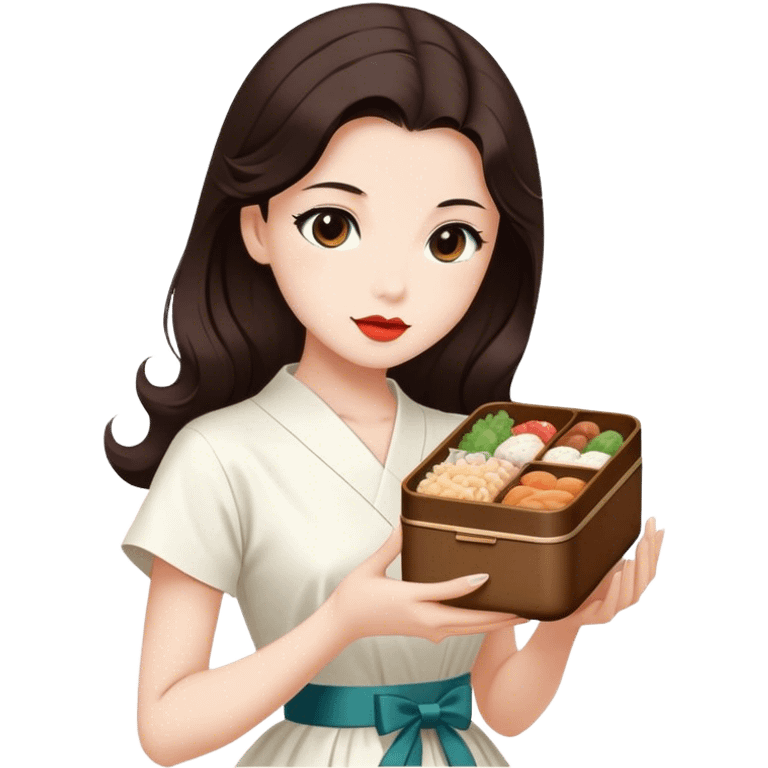 Beautiful woman in 1950’s woman fashion look, white dress, long dark brown hair, Japanese bento emoji