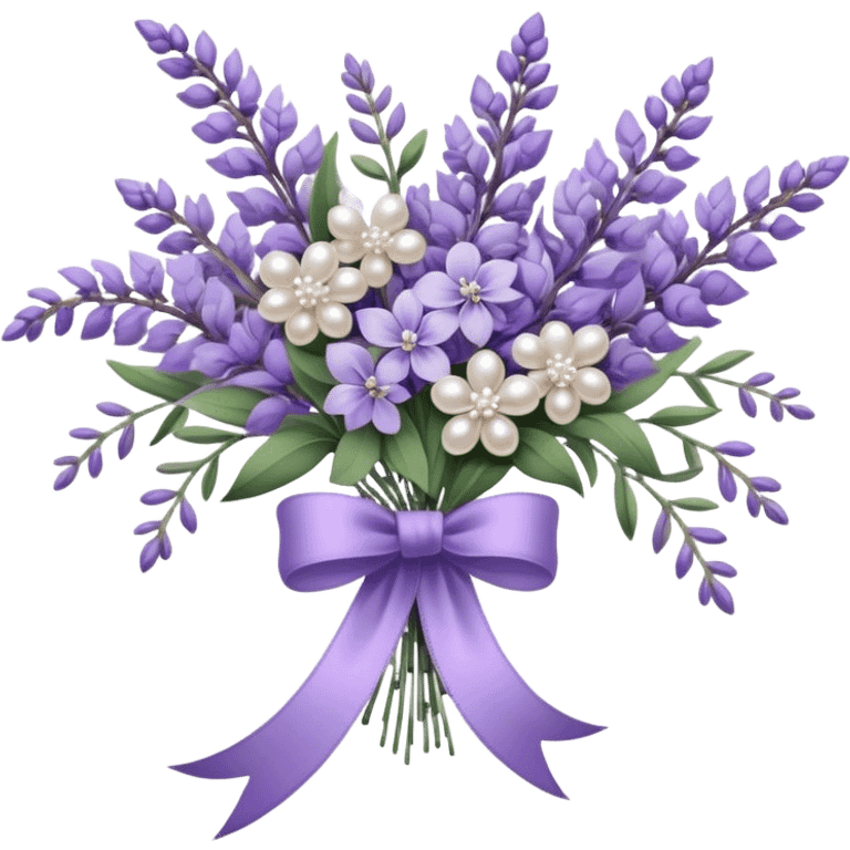 A cascading bouquet of lavender, blending soft lilac, dusky violet, and deep amethyst hues, is wrapped in delicate pearl-colored lace, tied with a silky wisteria ribbon. The stems, slightly uneven and wild, spill gently over the edge of an antique silver tray, where a few loose buds rest, their fragrance mingling with the faint scent of aged paper and timeworn fabric.
 emoji