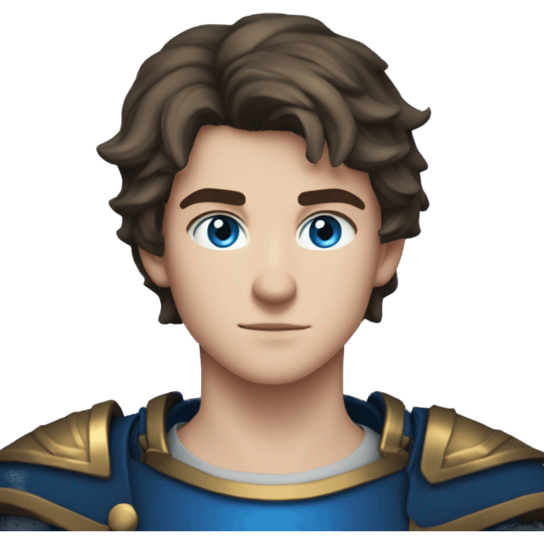 a 6'5" 19 years old Irish, teenage boy with slightly dark short hair. He wields a dark blue flaming sword, and wears a blue armor. He has blue eyes. He is very serious & strong  emoji