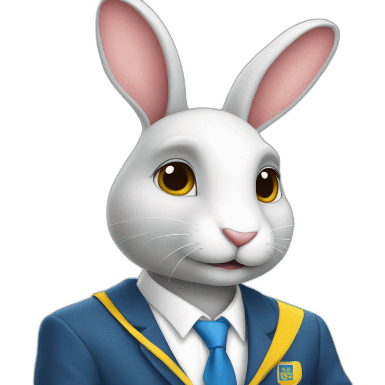 A rabbit student in a suit in the color of the Ukrainian flag in a square academic cap emoji