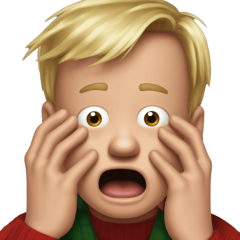 kevin McCallister from Home Alone, putting both hands on his face and screaming of fear. bring the hands down lik he is putting on his cheeks. emoji