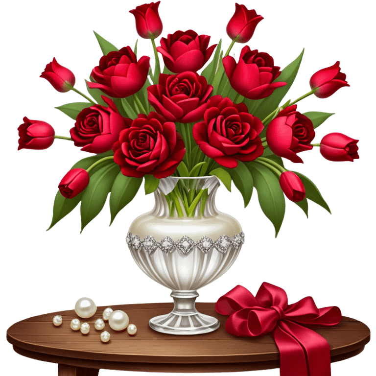 "A romantic still life of a crystal-clear red glass vase brimming with a lavish mix of scarlet roses, tulips, peonies, and silk-like pansies, with pearl-hued ribbons cascading gracefully over a vintage wooden table."
 emoji