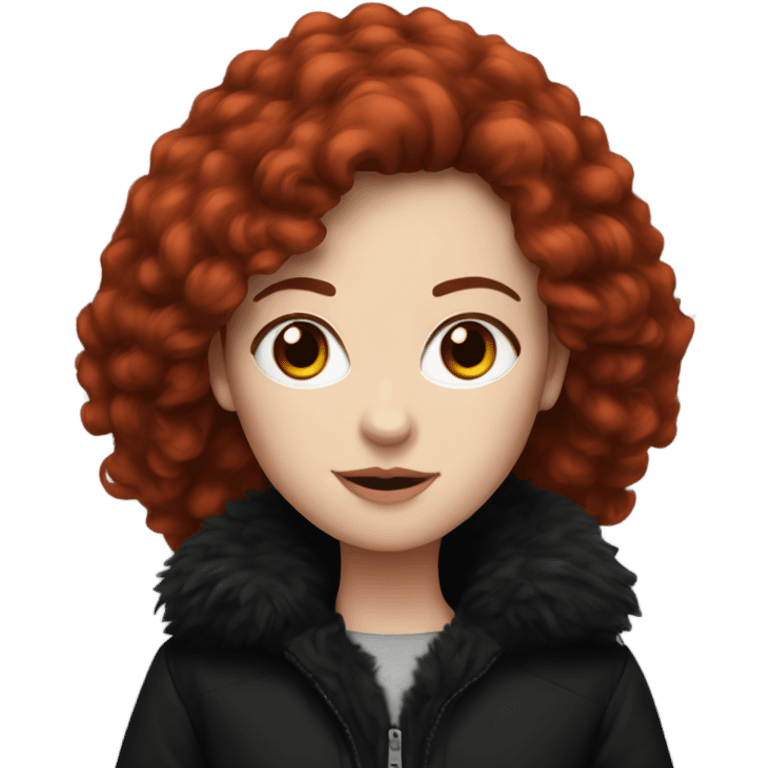 White girl with dark red hair using a black fluffy jacket emoji